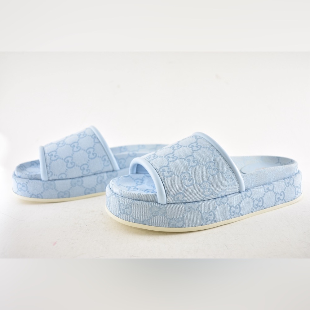 Gucci Light Blue GG Monogram Logo Canvas Mule Flat Slide Platform Sandal 39 - Picture 13 of 16
